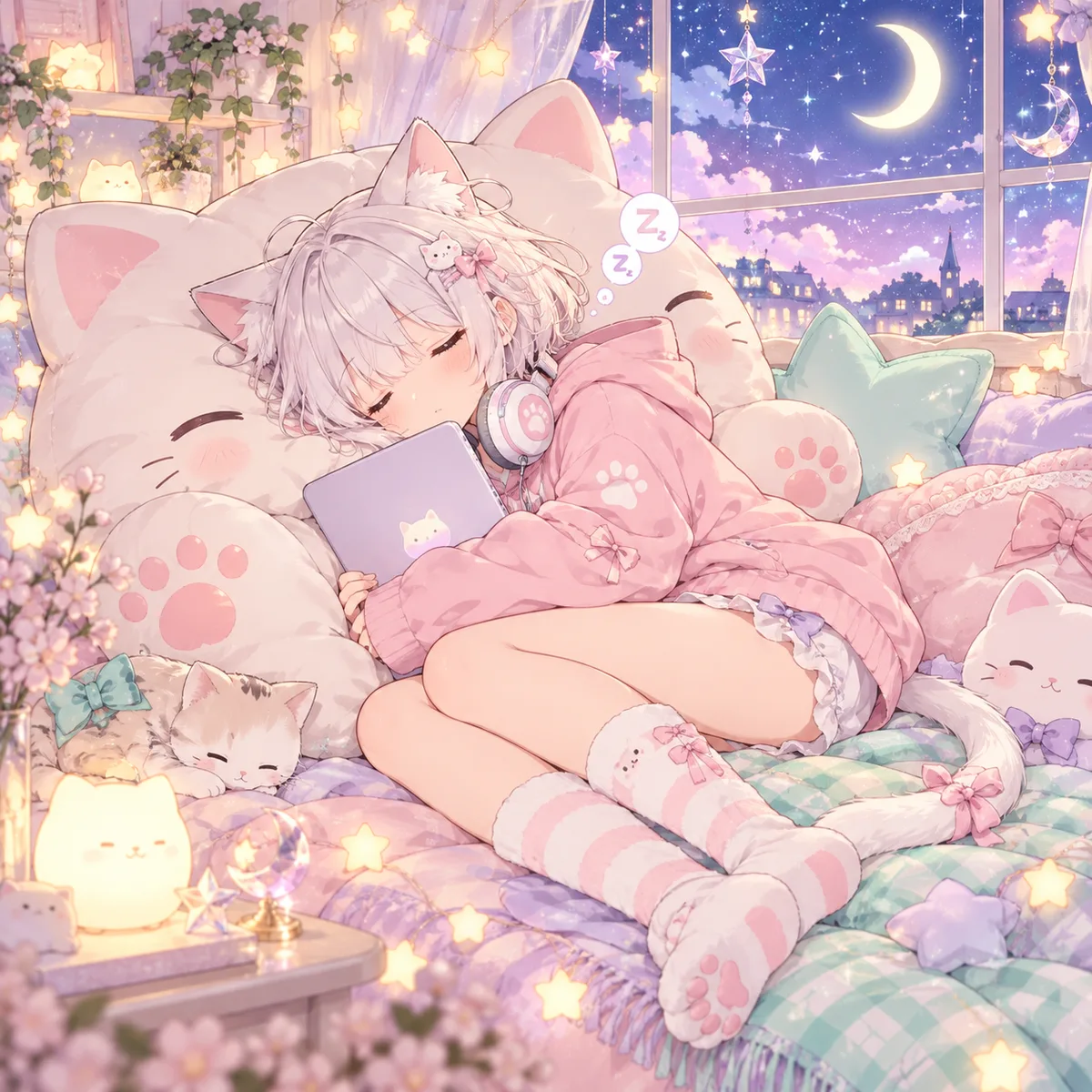 猫娘抱着笔记本电脑在猫咪抱枕上睡着了