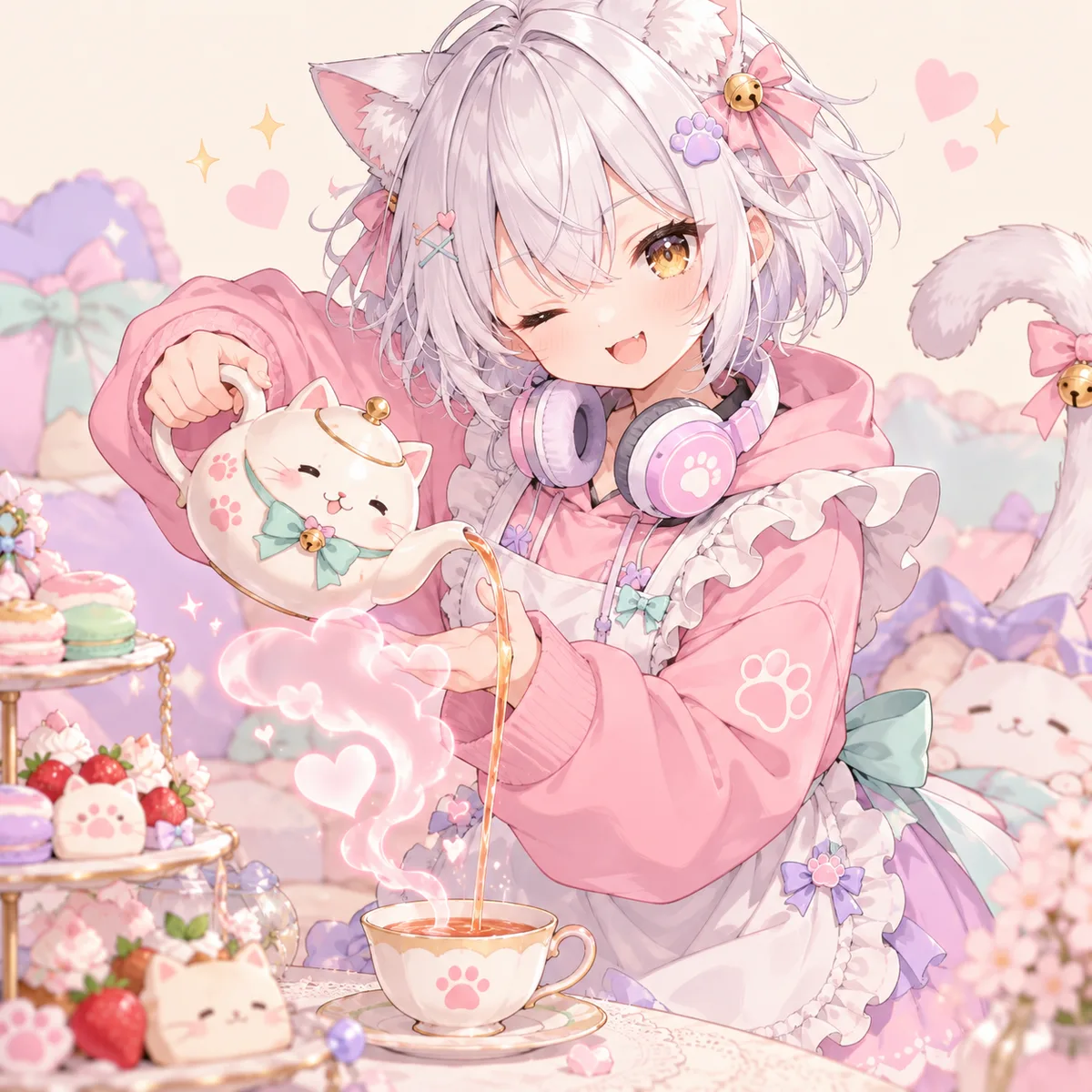 穿女仆围裙的猫娘用猫咪茶壶倒茶并眨眼